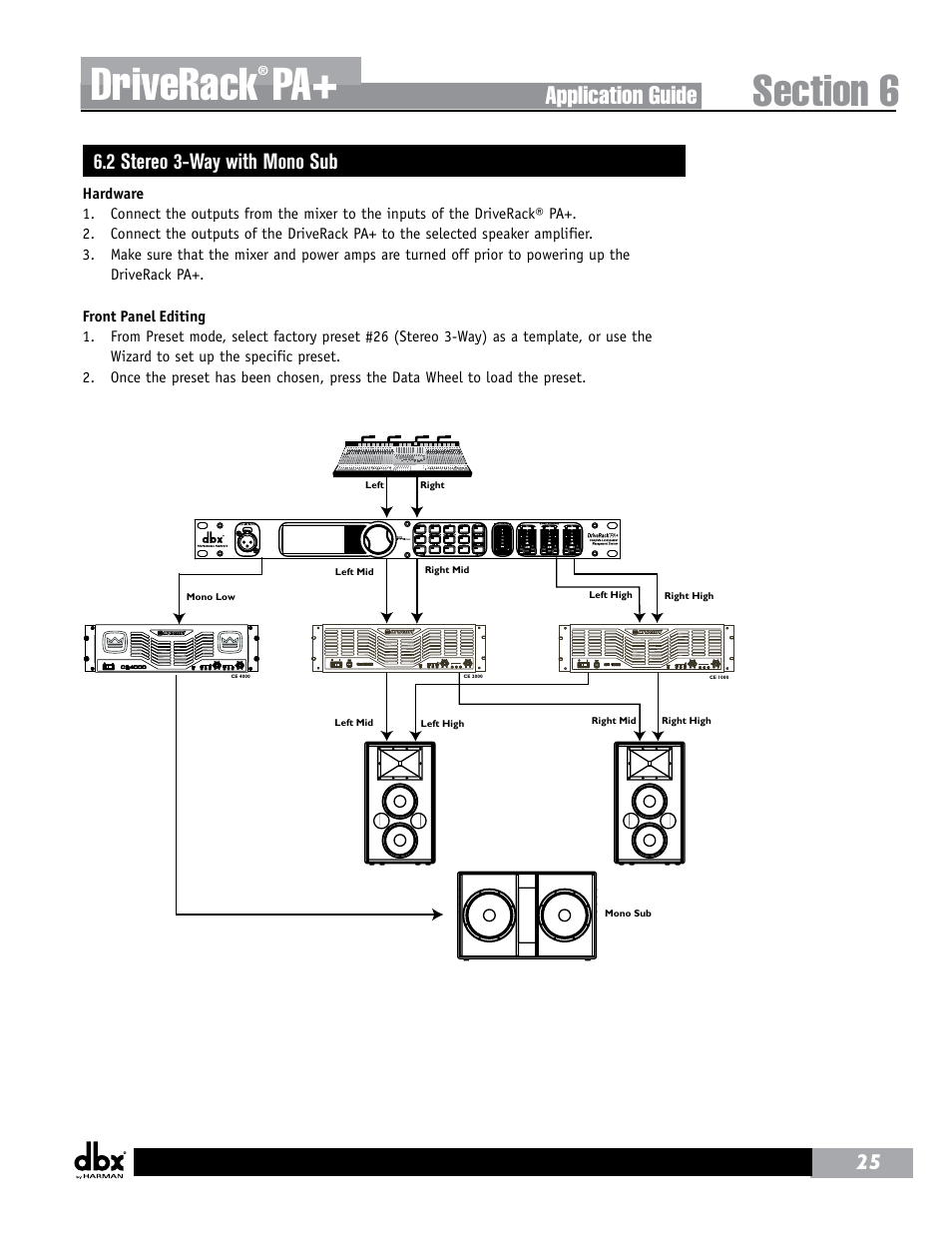 Driverack, Application guide, 2 stereo 3-way with mono sub | dbx DriveRack  PA+ User Manual | Page 29 / 40 | Original mode