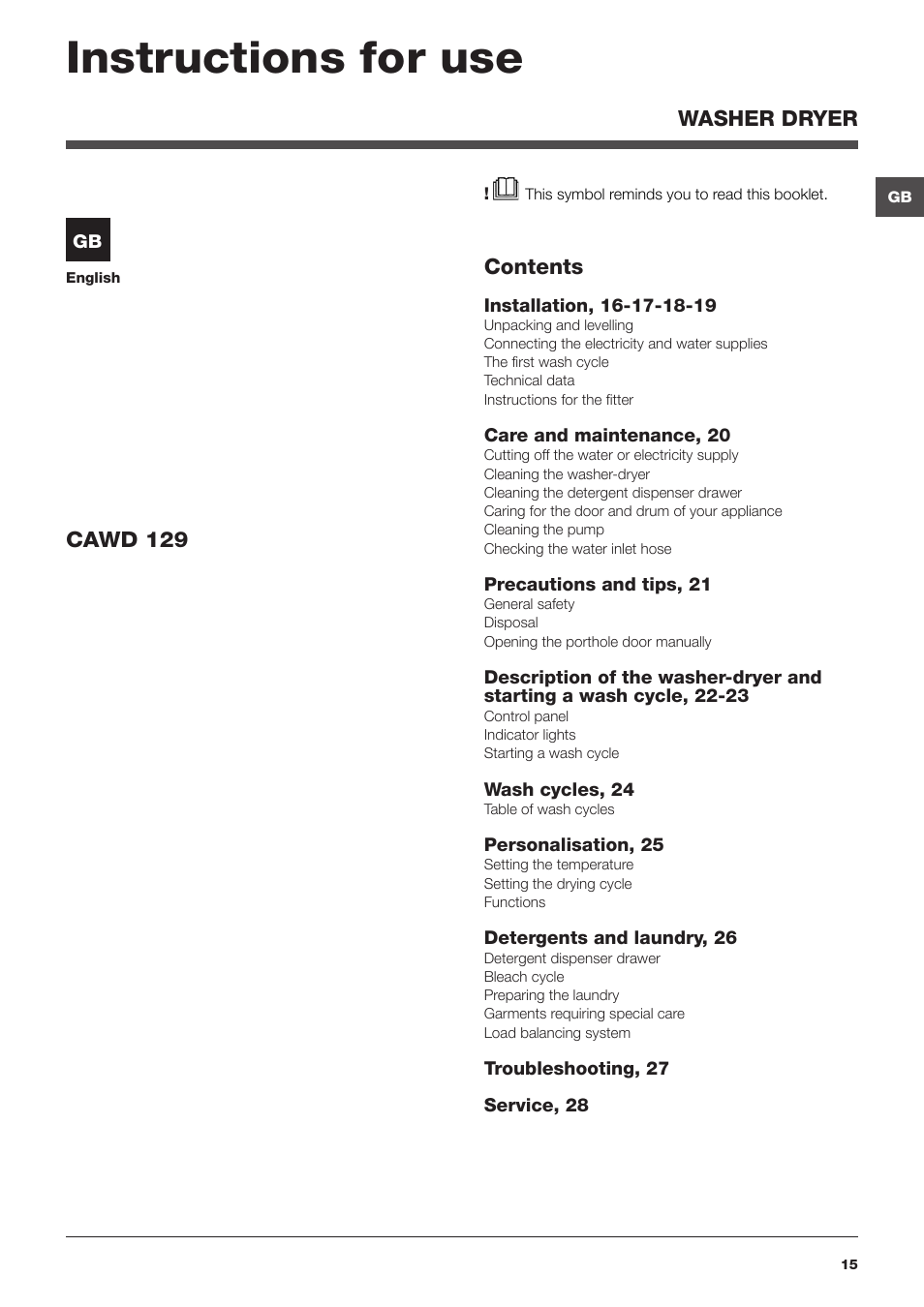 Hotpoint Ariston CAWD 129 EU User Manual | Page 15 / 72