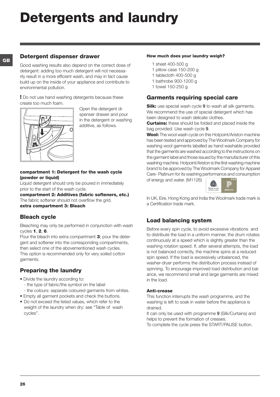 Detergents and laundry | Hotpoint Ariston CAWD 129 EU User Manual | Page 26  / 72 | Original mode