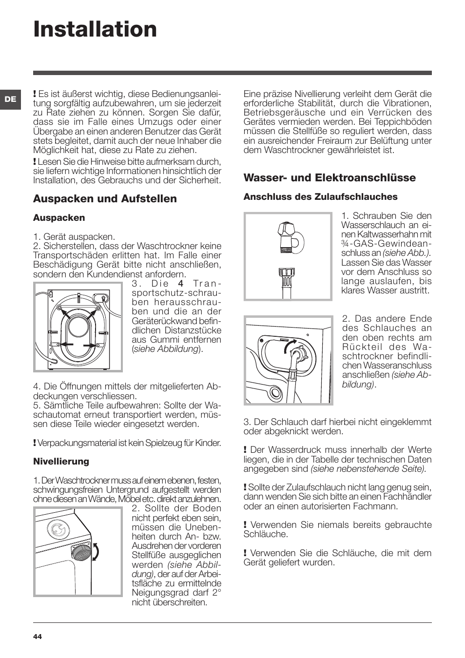 Installation | Hotpoint Ariston CAWD 129 EU User Manual | Page 44 / 72 |  Original mode