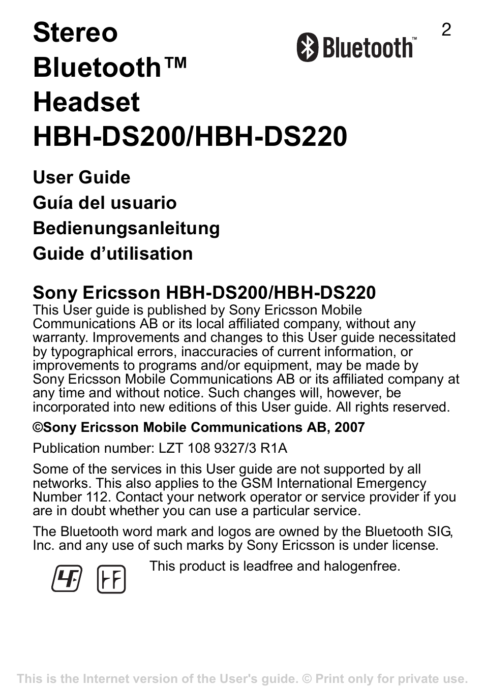 Sony Ericsson Stereo-Bluetooth-Headset HBH-DS220(DS220) User Manual | Page  2 / 36 | Original mode | Also for: HBH-DS200, HBH-DS220