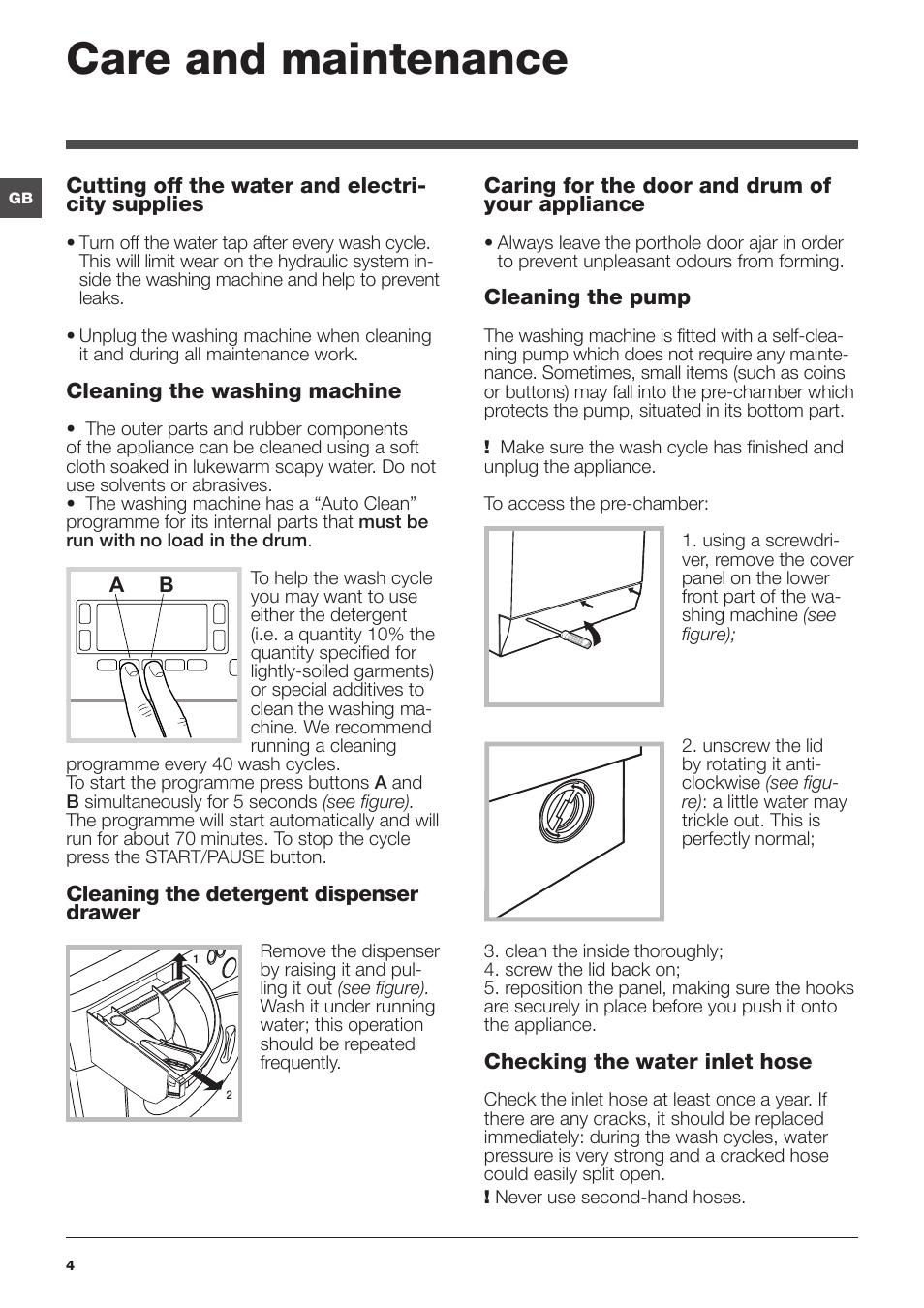 Care and maintenance | Hotpoint Ariston WMD 762 User Manual | Page 4 / 48