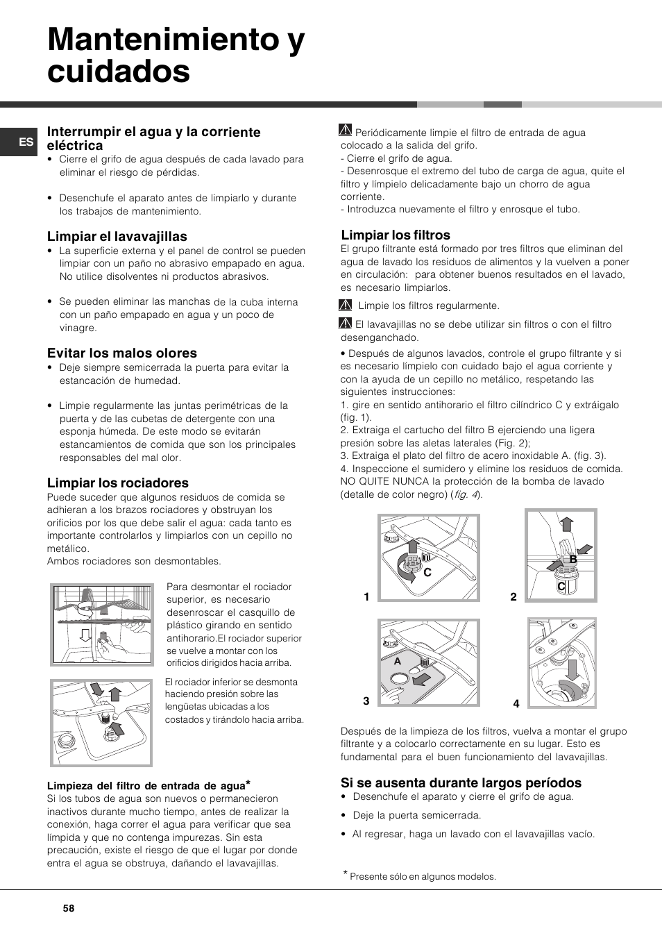 Mantenimiento y cuidados, Interrumpir el agua y la corriente eléctrica,  Limpiar el lavavajillas | Hotpoint Ariston LDF 12314E X EU User Manual |  Page 58 / 84 | Original mode