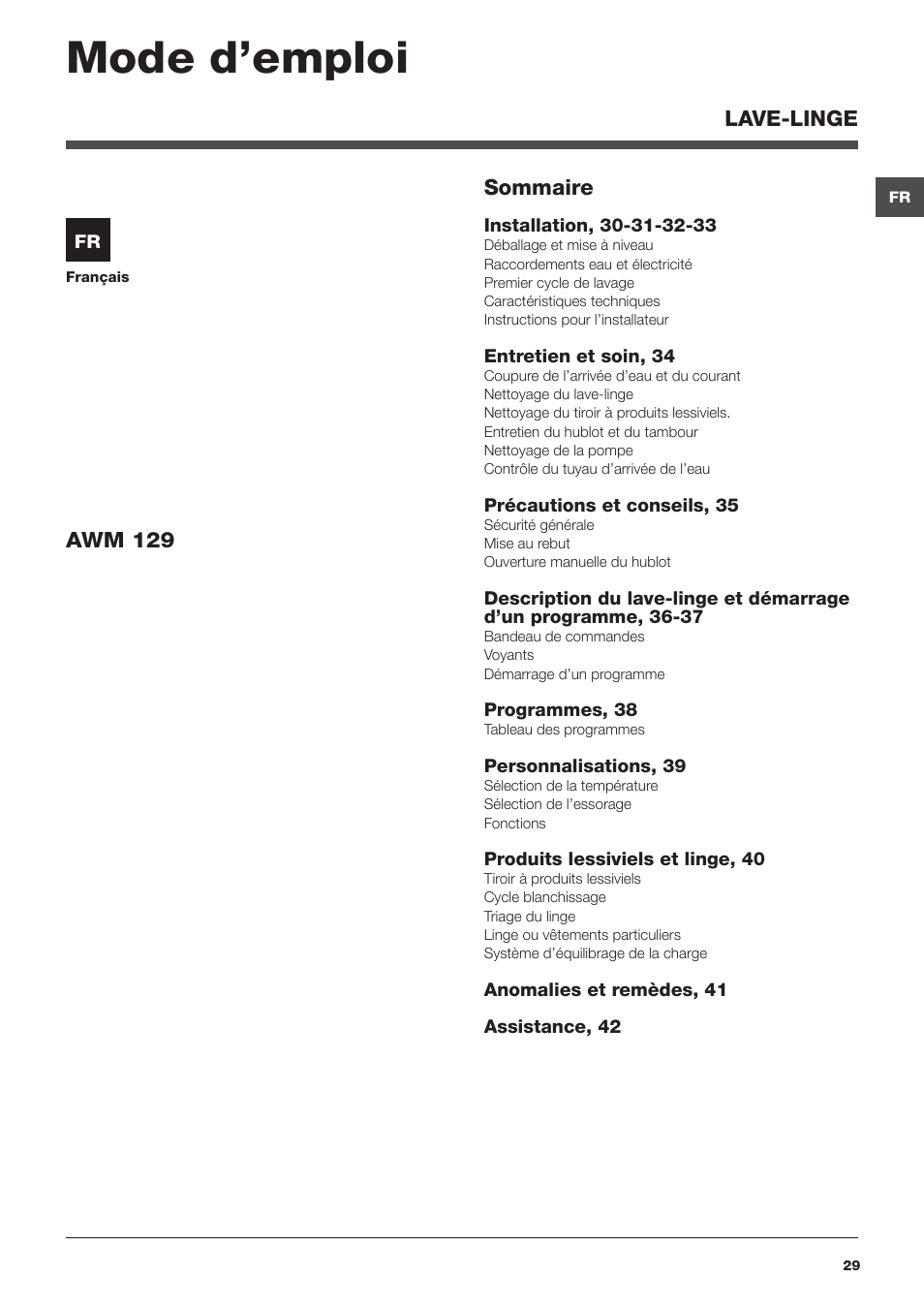 Mode d'emploi | Hotpoint Ariston Encastrable AWM 129 (EU) User Manual |  Page 29 / 56