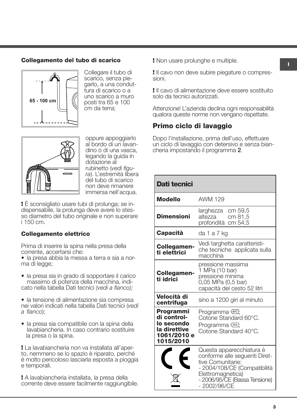 Hotpoint Ariston Encastrable AWM 129 (EU) User Manual | Page 3 / 56 |  Original mode