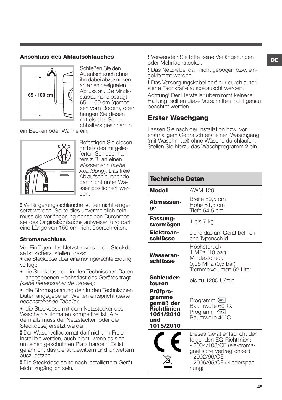Hotpoint Ariston Encastrable AWM 129 (EU) User Manual | Page 45 / 56 |  Original mode