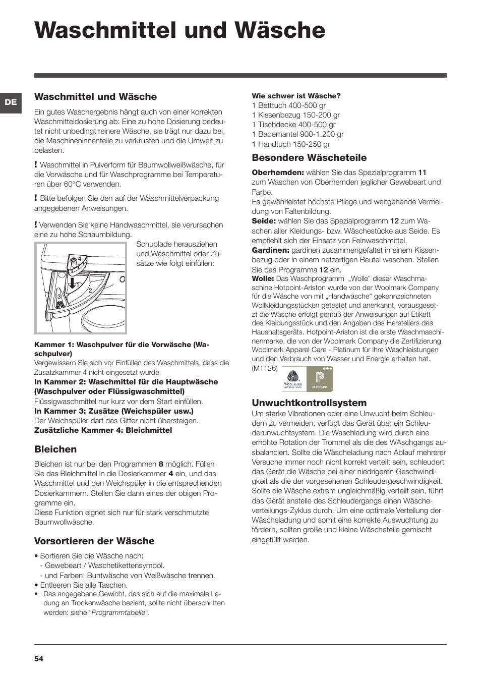 Waschmittel und wäsche | Hotpoint Ariston Encastrable AWM 129 (EU) User  Manual | Page 54 / 56