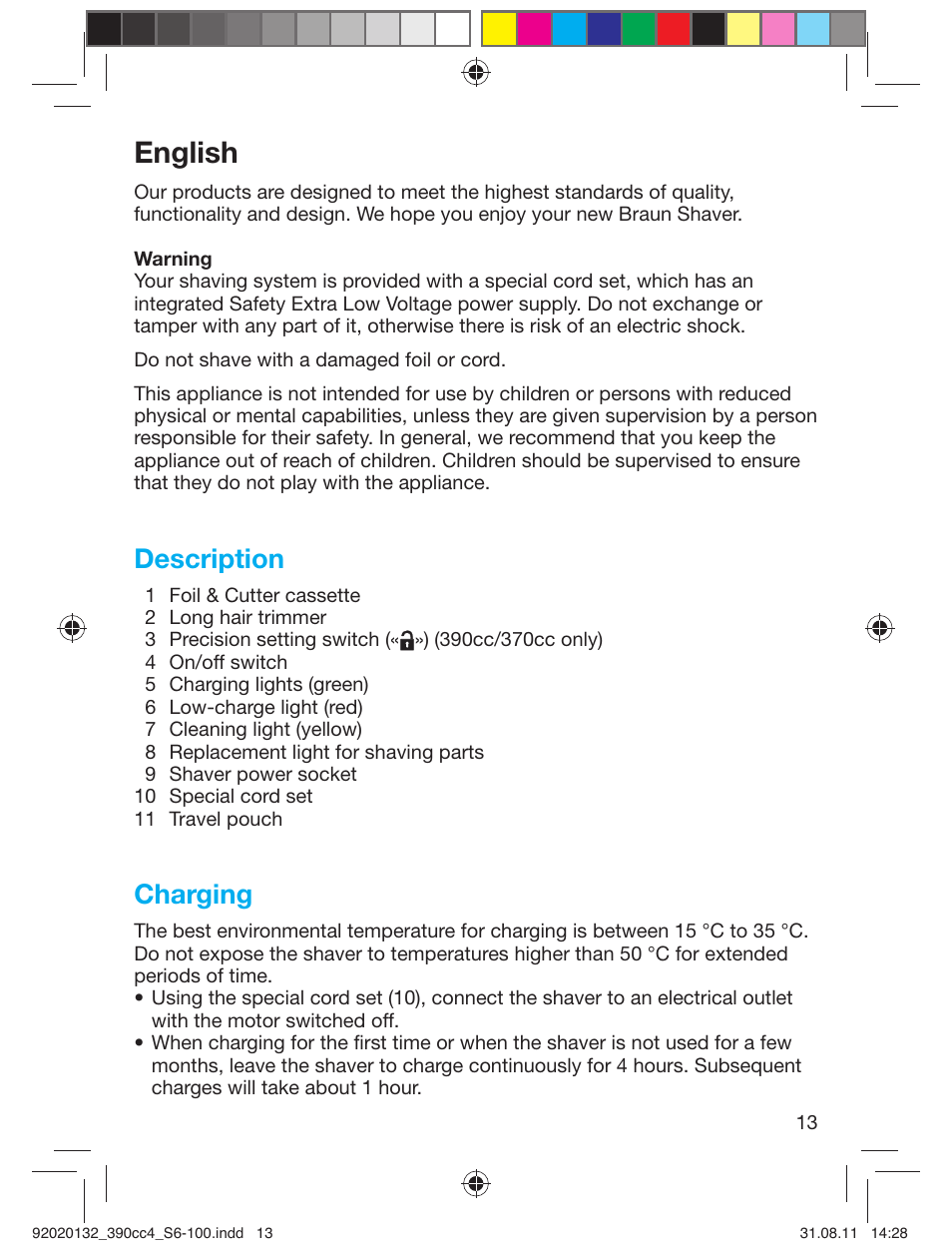 English, Description, Charging | Braun 350cc-4 Series 3 EU User Manual |  Page 13 / 98 | Original mode
