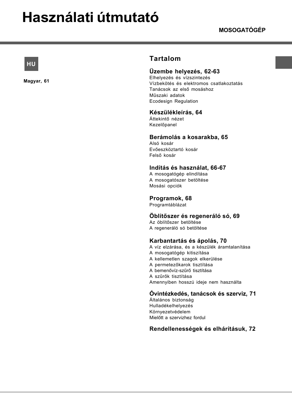 Használati útmutató, Tartalom, Lsfa+ 935 | Hotpoint Ariston LSFA+ 935 User  Manual | Page 61 / 84