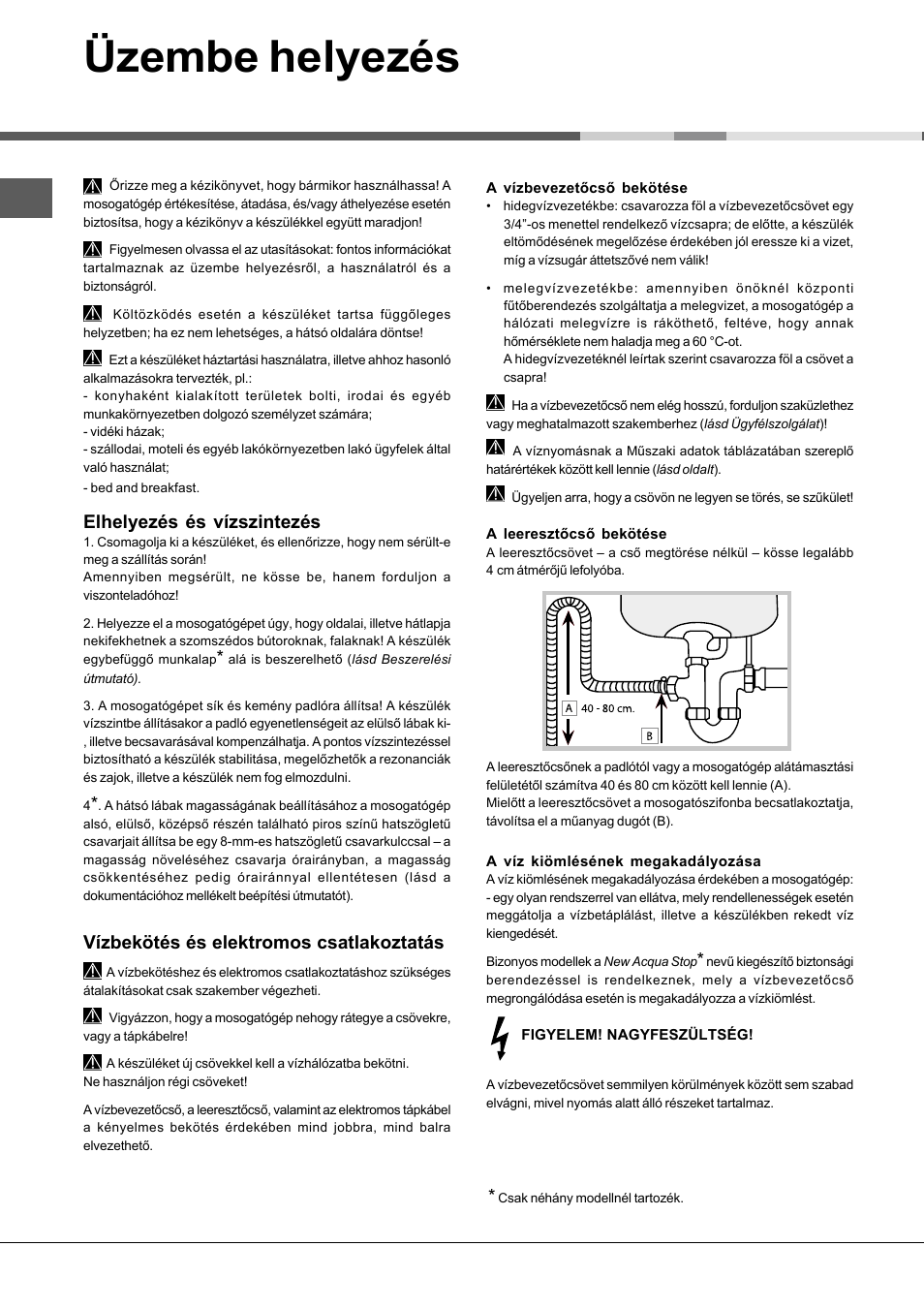 Üzembe helyezés, Elhelyezés és vízszintezés, Vízbekötés és elektromos  csatlakoztatás | Hotpoint Ariston LSFA+ 935 User Manual | Page 62 / 84