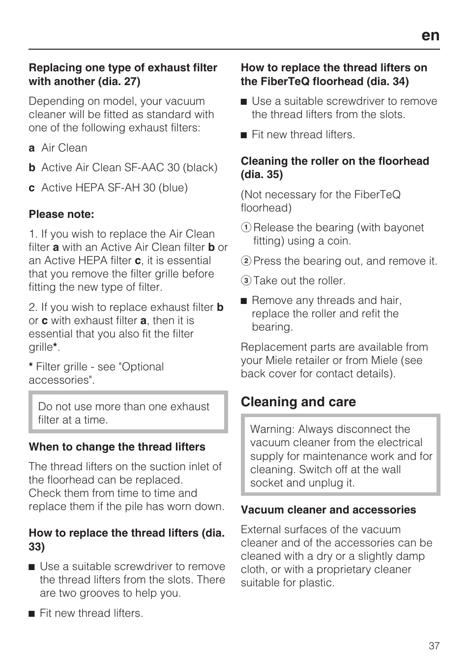 Cleaning and care | Miele S 771 Parkett Special User Manual | Page 37 / 104