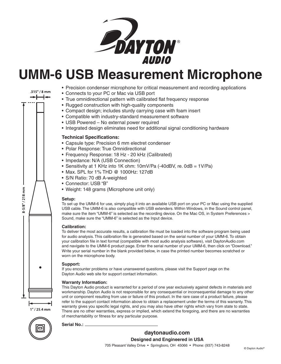 Dayton Audio UMM-6 USB Measurement Microphone User Manual | 1 page