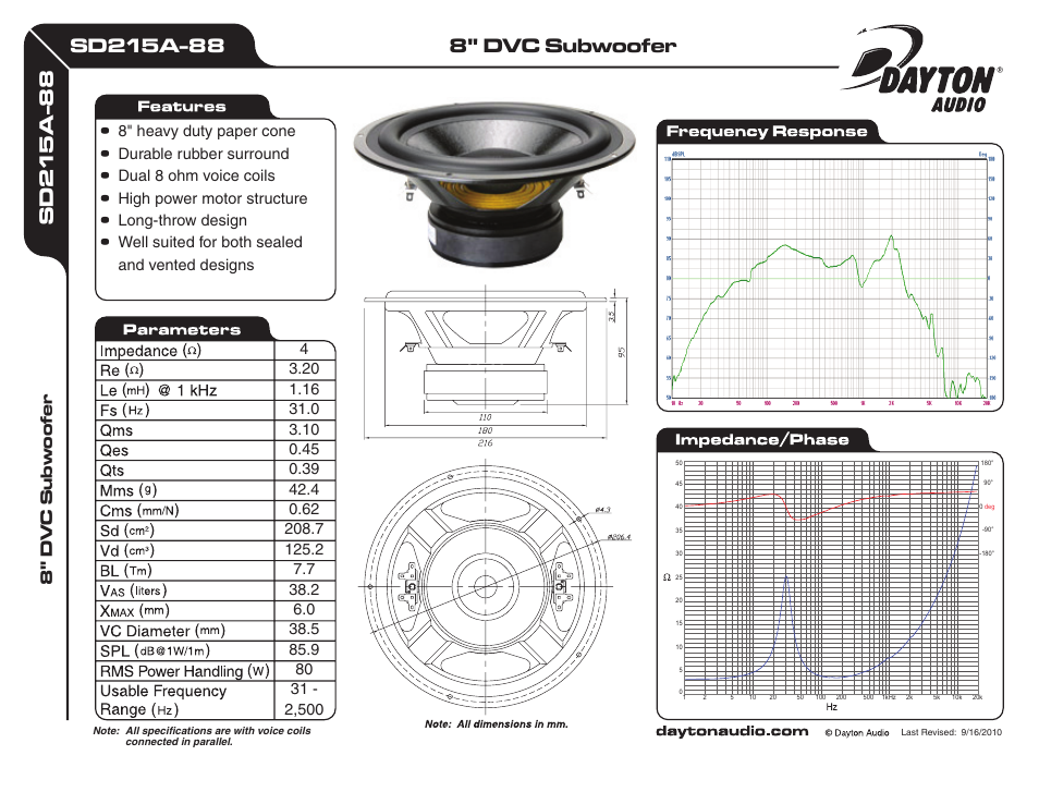 Dayton Audio SD215A-88 8" DVC Subwoofer User Manual | 1 page