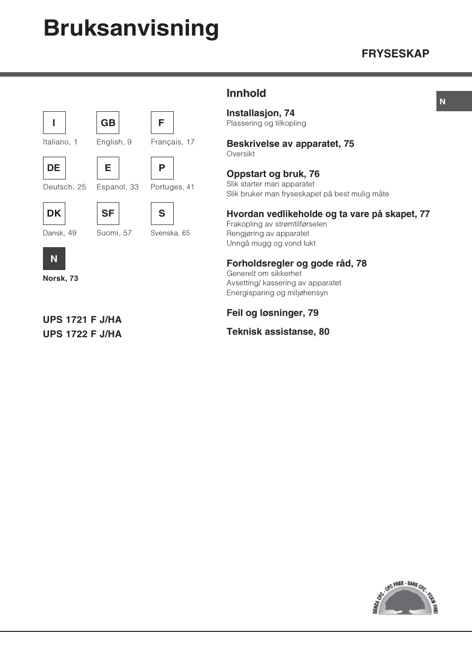 Bruksanvisning, Fryseskap, Innhold | Hotpoint Ariston UPS 1722 F J-HA EU  User Manual | Page 73 / 80