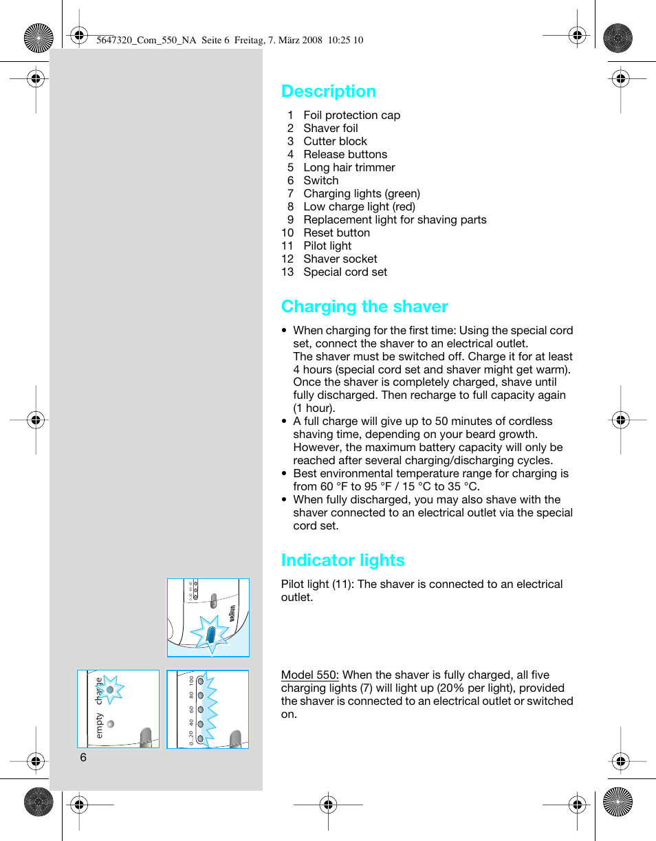 Description, Charging the shaver, Indicator lights | Braun 550-5647 Series  5 User Manual | Page 6 / 26