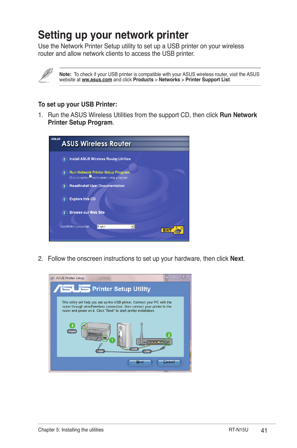 Setting up your network printer | Asus RT-N15U User Manual | Page 41 / 60