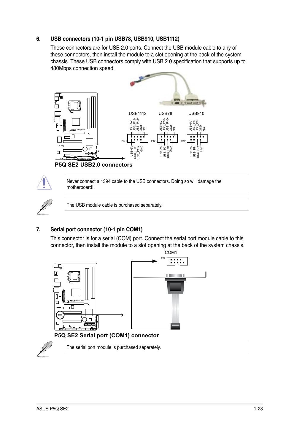 P5q se2 usb2.0 connectors, P5q se2 serial port (com1) connector, The serial  port module is purchased separately | Asus P5Q SE2 User Manual | Page 33 /  64
