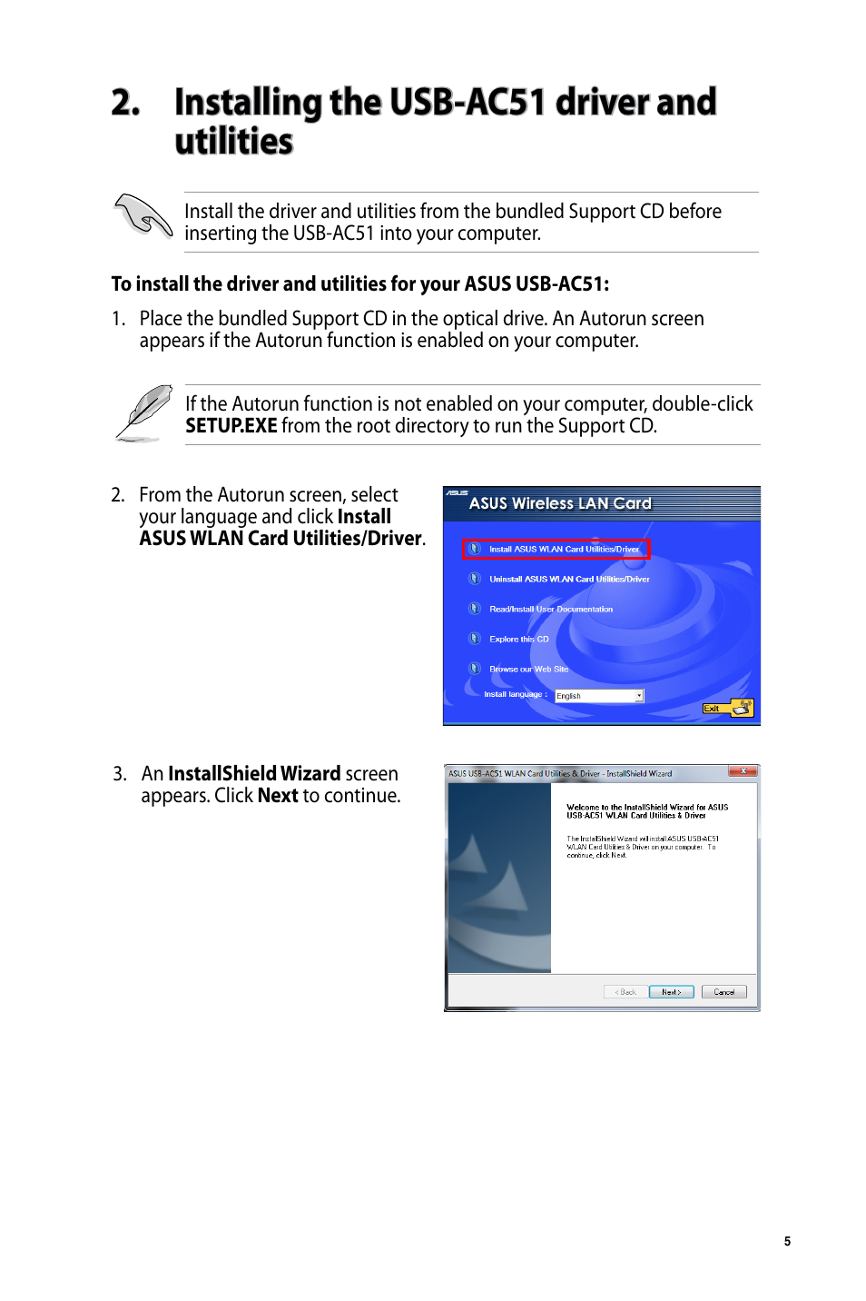 Installing the usb-ac51 driver and utilities | Asus USB-AC51 User Manual |  Page 5 / 36