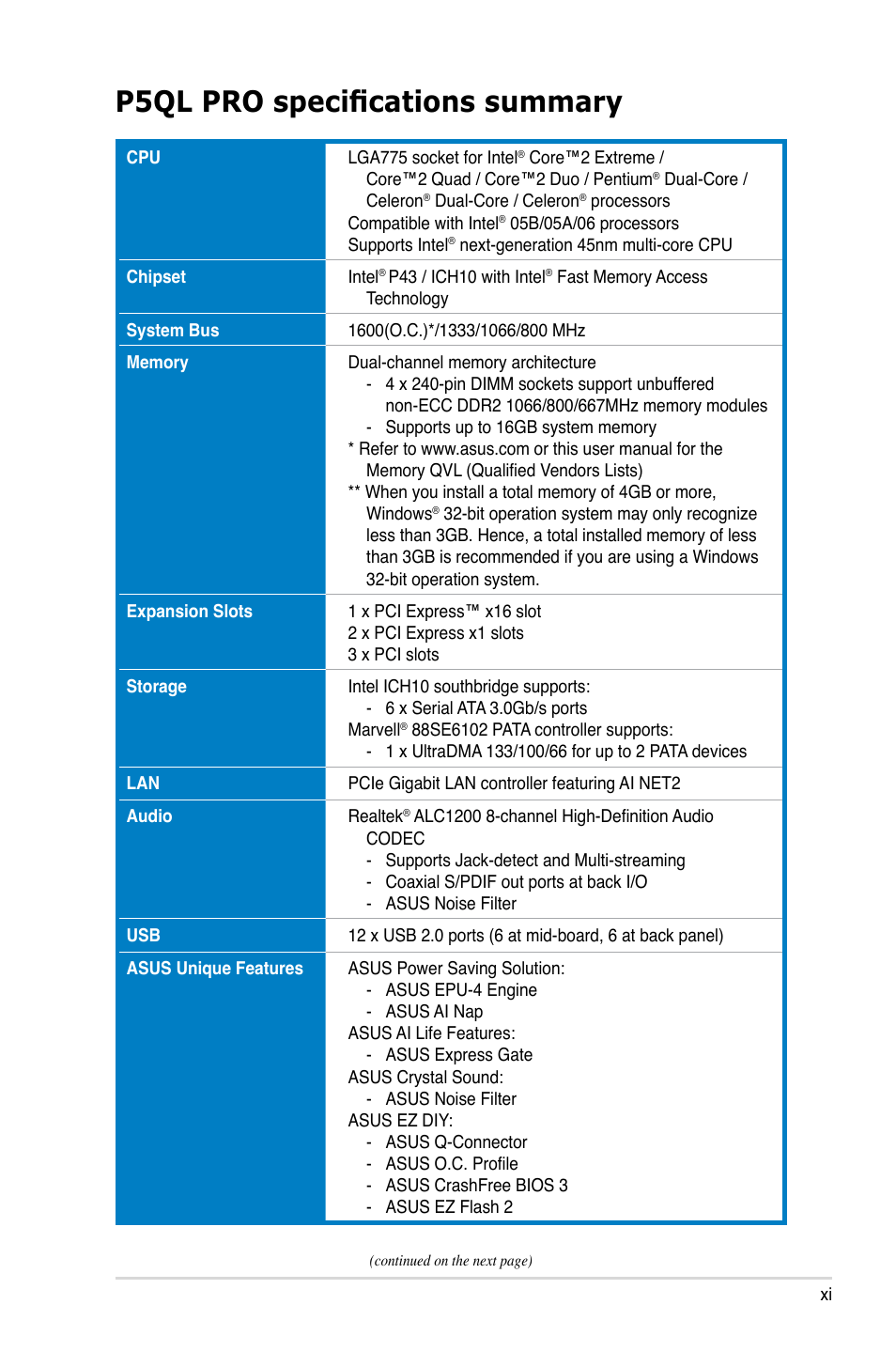 P5ql pro specifications summary | Asus P5QL PRO User Manual | Page 11 / 148  | Original mode