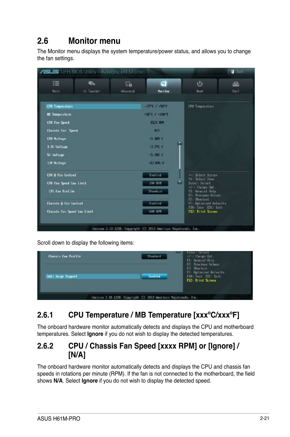 6 monitor menu, Monitor menu -21, 1 cpu temperature / mb temperature  [xxxºc/xxxºf | Asus H61M-PRO User Manual | Page 49 / 64