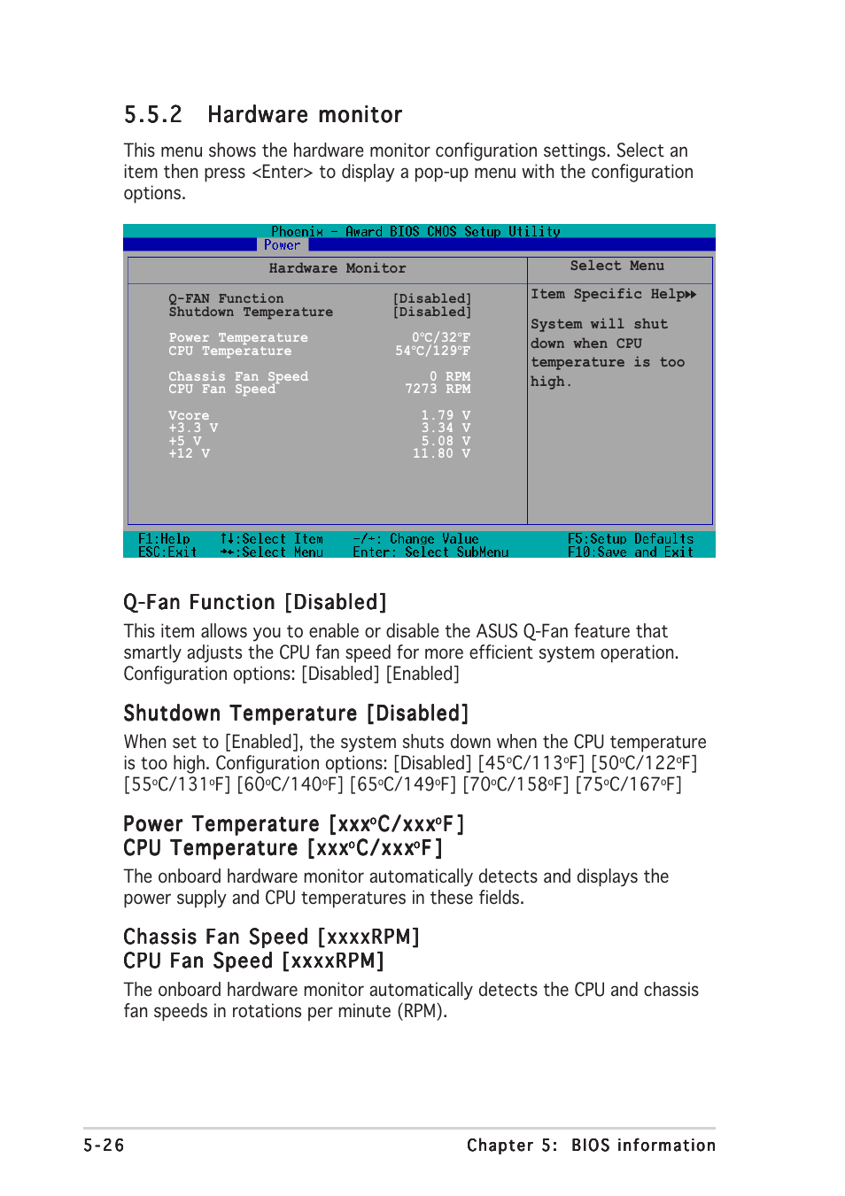 Q-fan function [disabled, Shutdown temperature [disabled, Power temperature  [xxx | Asus Terminator A7VT400 User Manual | Page 90 / 98 | Original mode