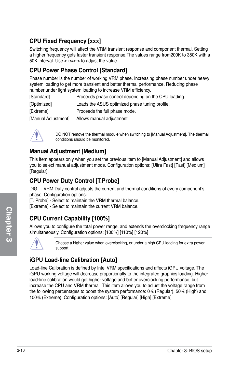 Chapter 3, Cpu fixed frequency [xxx, Cpu power phase control [standard |  Asus P8H77-M PRO User Manual | Page 78 / 156
