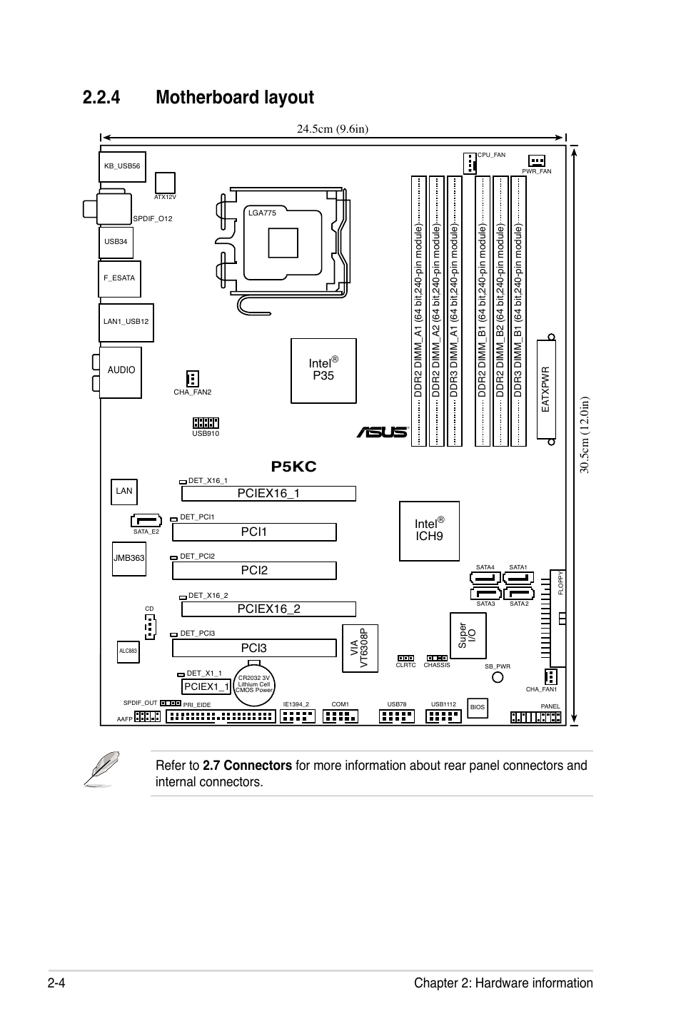 4 motherboard layout, P5kc, 4 chapter 2: hardware information | Asus P5KC  User Manual | Page 28 / 154