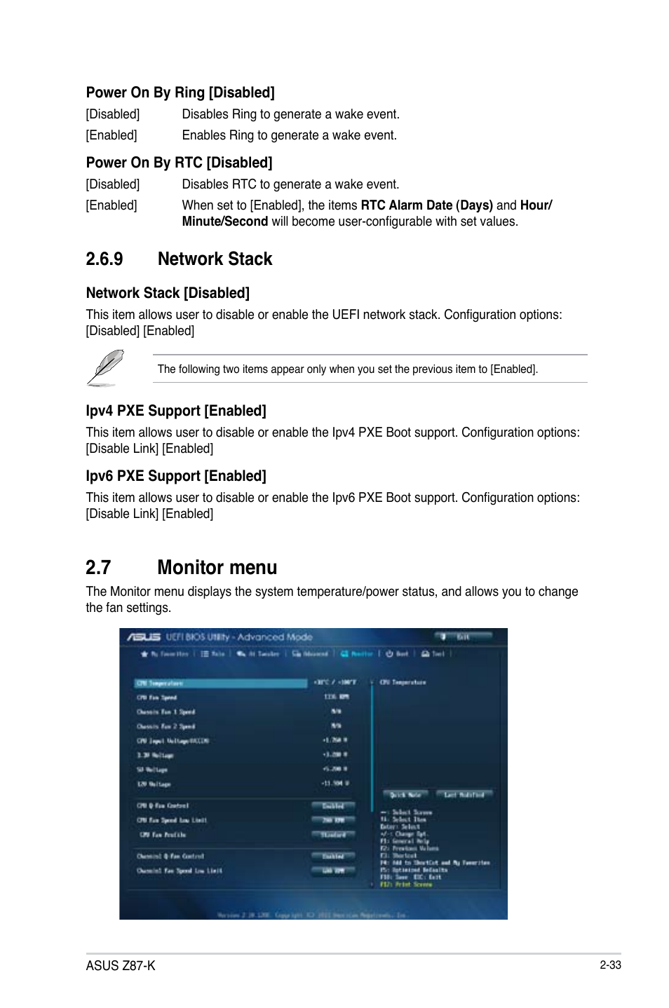 7 monitor menu, 9 network stack | Asus Z87-K User Manual | Page 60 / 74