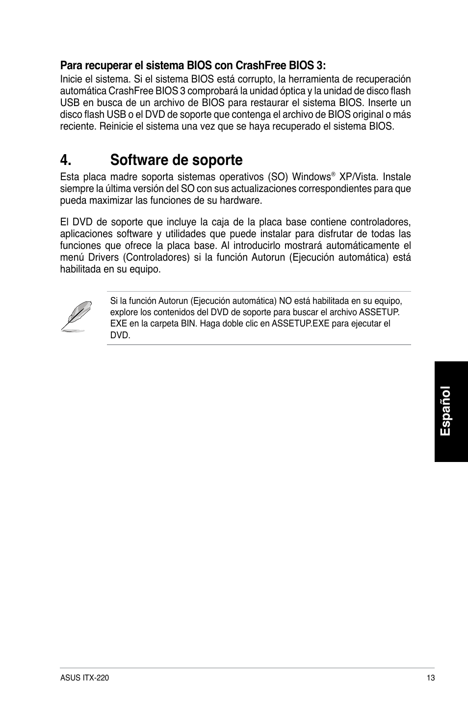 Software de soporte, Español | Asus ITX-220 User Manual | Page 13 / 38 |  Original mode