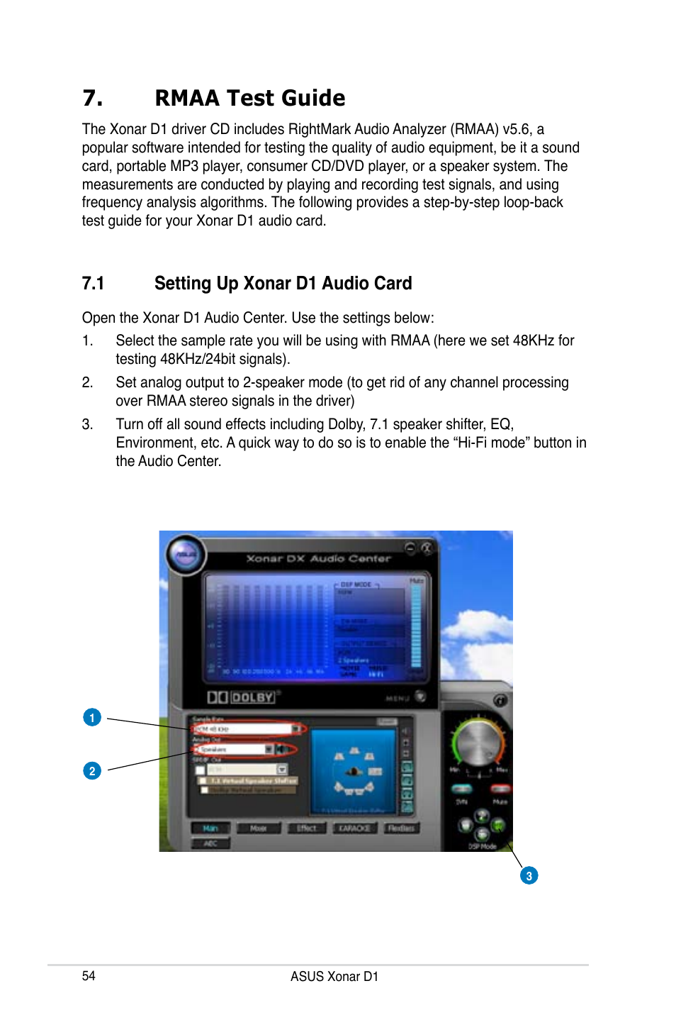 Rmaa test guide, 1 setting up xonar d1 audio card, Rmaa test guide 7.1 | Asus  Xonar D1 User Manual | Page 54 / 72
