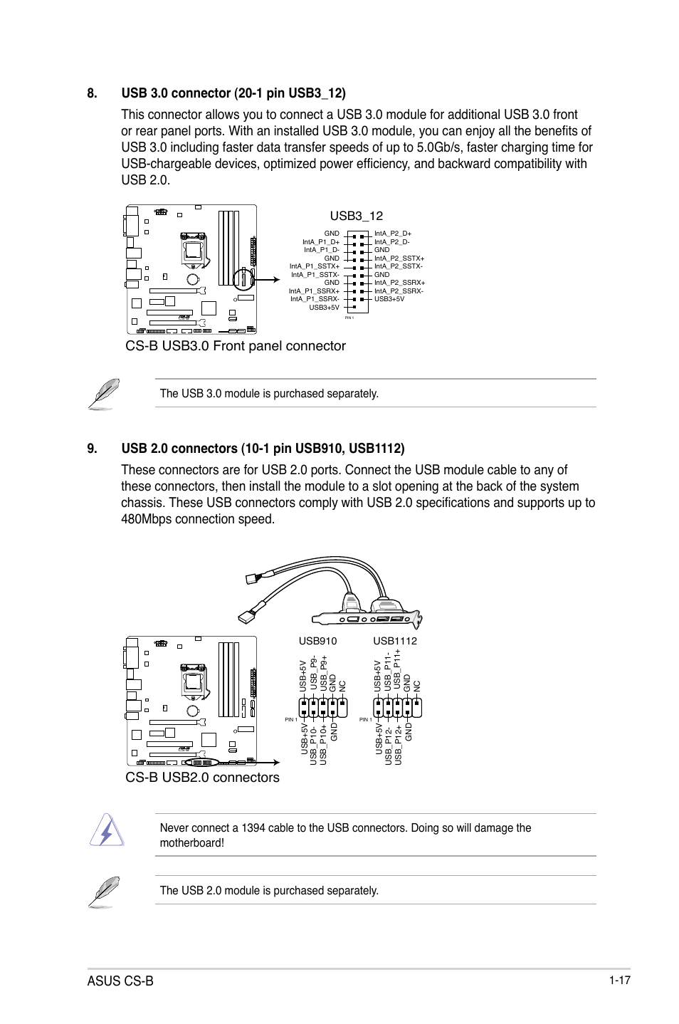 Asus cs-b, Cs-b usb3.0 front panel connector, Cs-b usb2.0 connectors | Asus  CS-B User Manual | Page 25 / 77