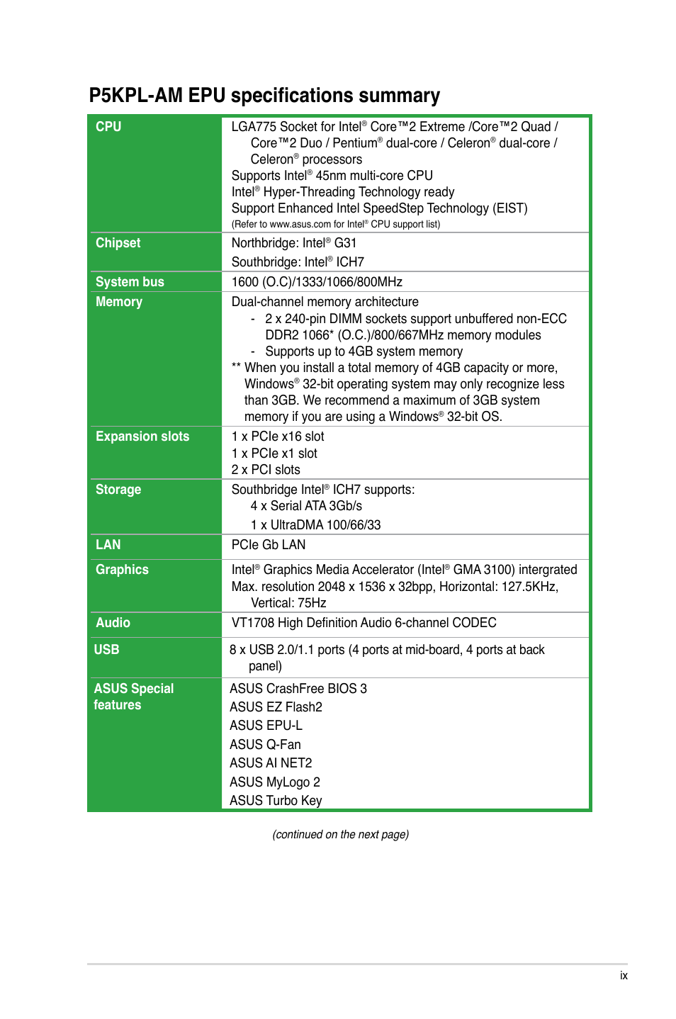 P5kpl-am epu specifications summary | Asus P5KPL-AM EPU User Manual | Page  9 / 60