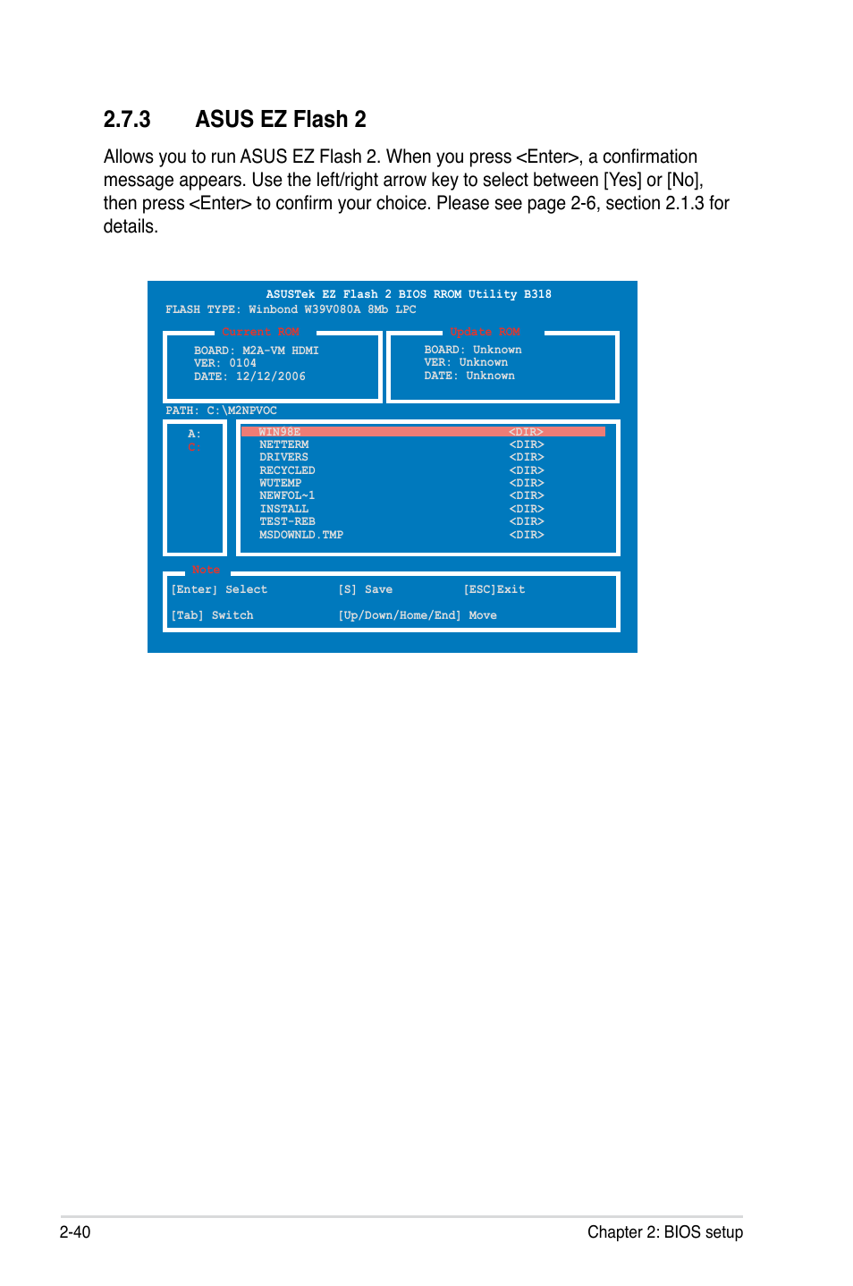 Asus.ez.flash.2, 40 chapter 2: bios setup | Asus M2A-VM HDMI User Manual |  Page 90 / 100