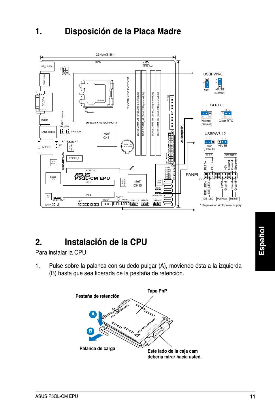 Español, Asus p5ql-cm epu, Panel | Asus P5QL-VM EPU User Manual | Page 11 /  38 | Original mode