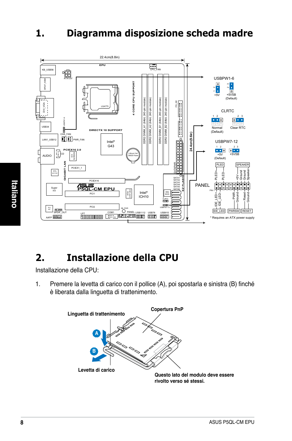 Italiano, Asus p5ql-cm epu, Panel | Asus P5QL-VM EPU User Manual | Page 8 /  38 | Original mode