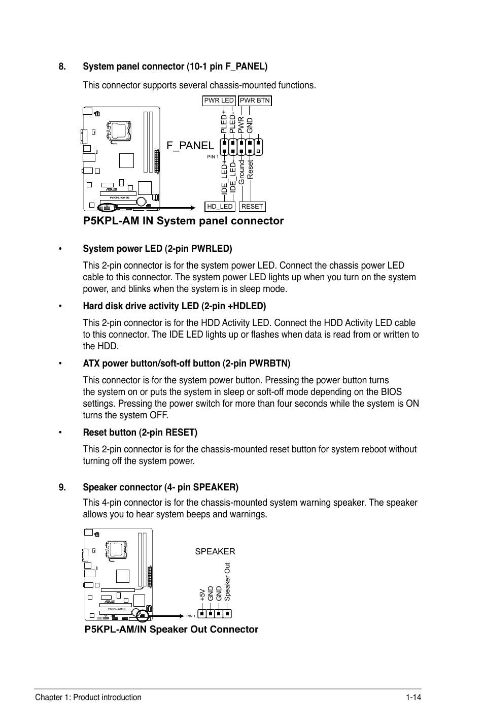 P5kpl-am in system panel connector, F_panel | Asus P5KPL-AM IN/ROEM/SI User  Manual | Page 23 / 40 | Original mode
