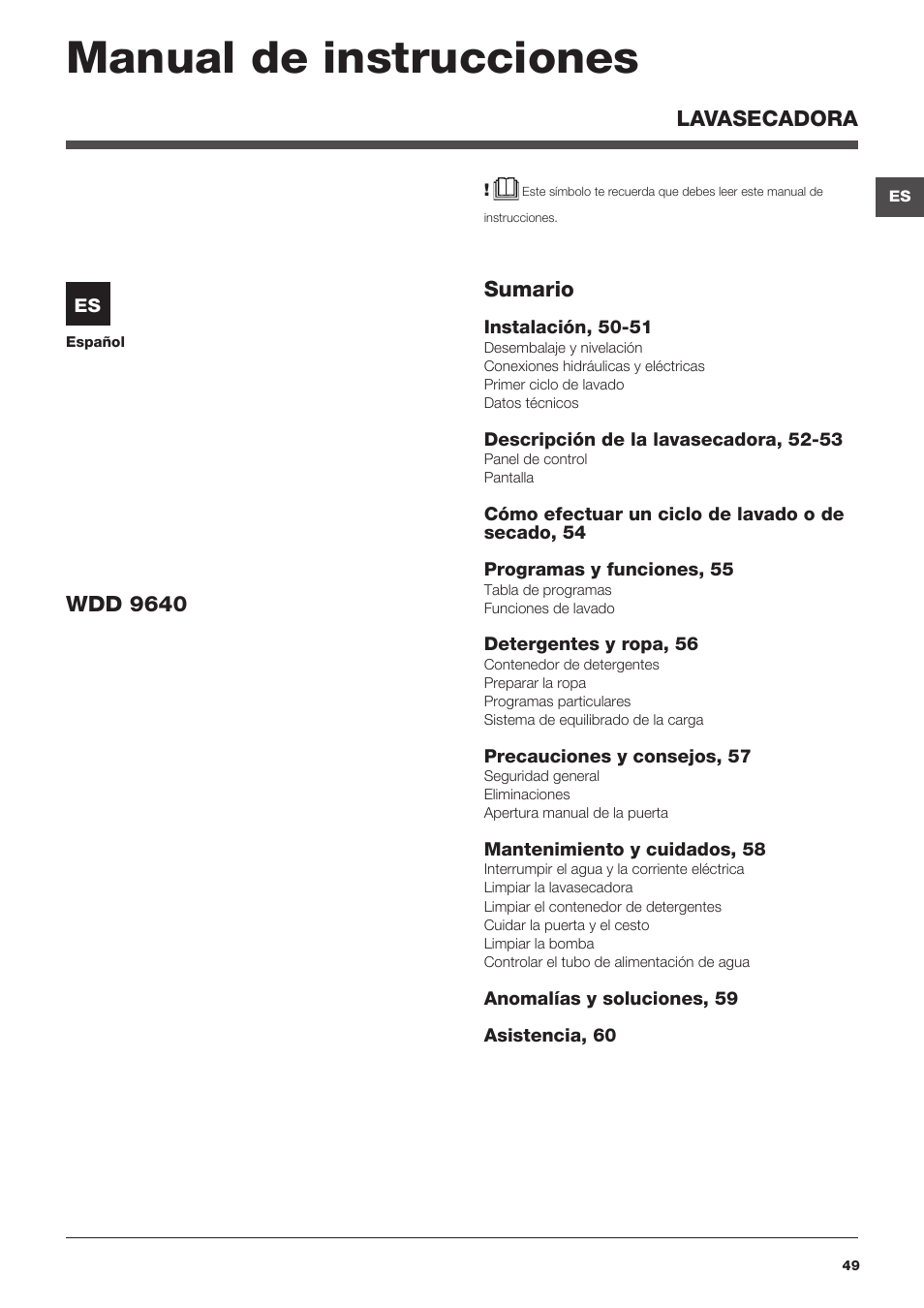 Manual de instrucciones, Sumario, Wdd 9640 | Hotpoint Ariston WDD 9640B EU  User Manual | Page 49 / 84 | Original mode