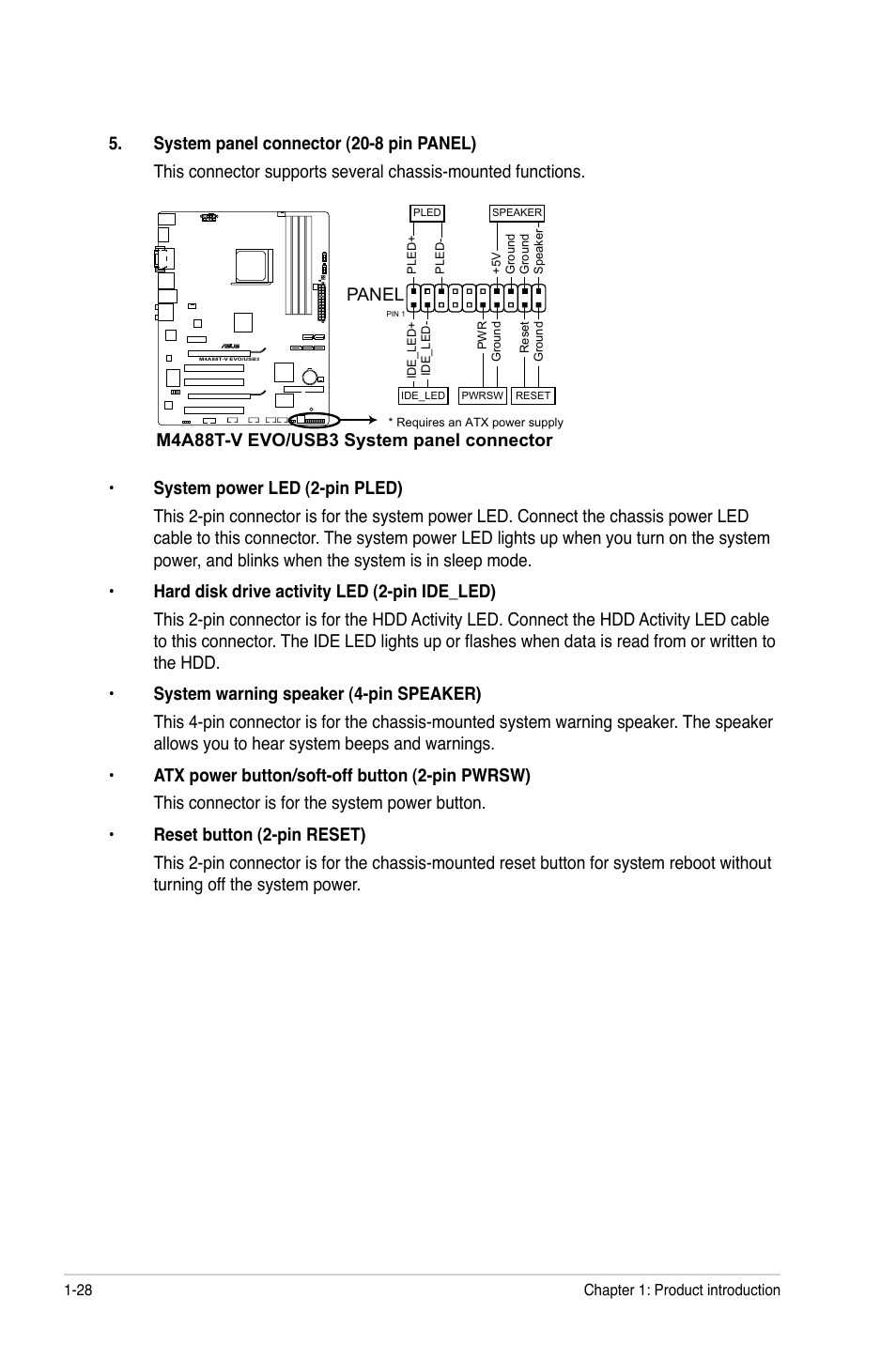 Panel, M4a88t-v evo/usb3 system panel connector | Asus M4A88T-V EVO/USB3  User Manual | Page 40 / 84 | Original mode