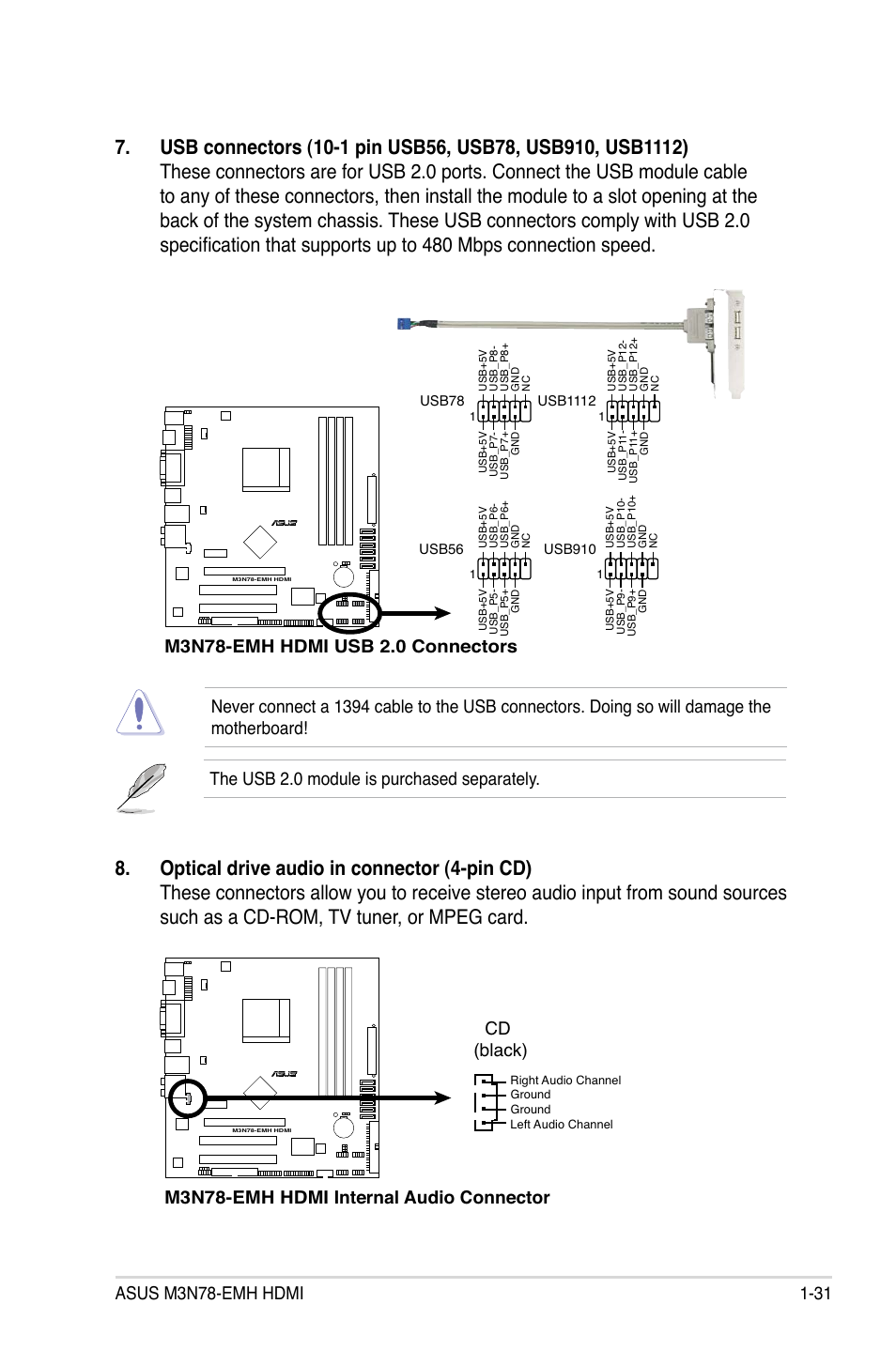 The usb 2.0 module is purchased separately, M3n78-emh hdmi internal audio  connector cd (black) | Asus M3N78-EMH HDMI User Manual | Page 43 / 102