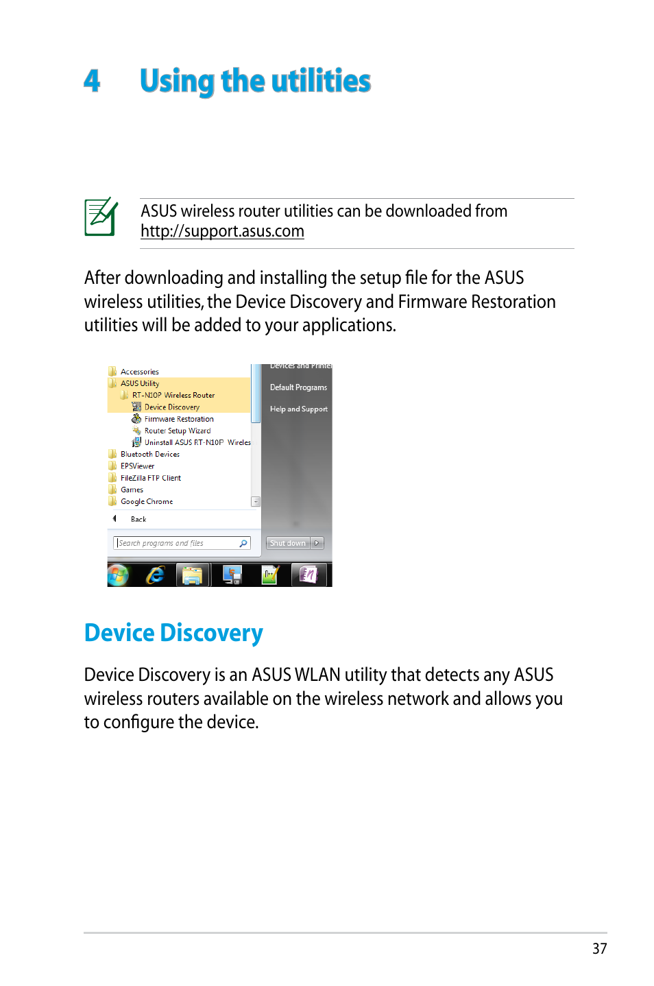 4 using the utilities, Device discovery | Asus RT-N10P User Manual | Page  37 / 66
