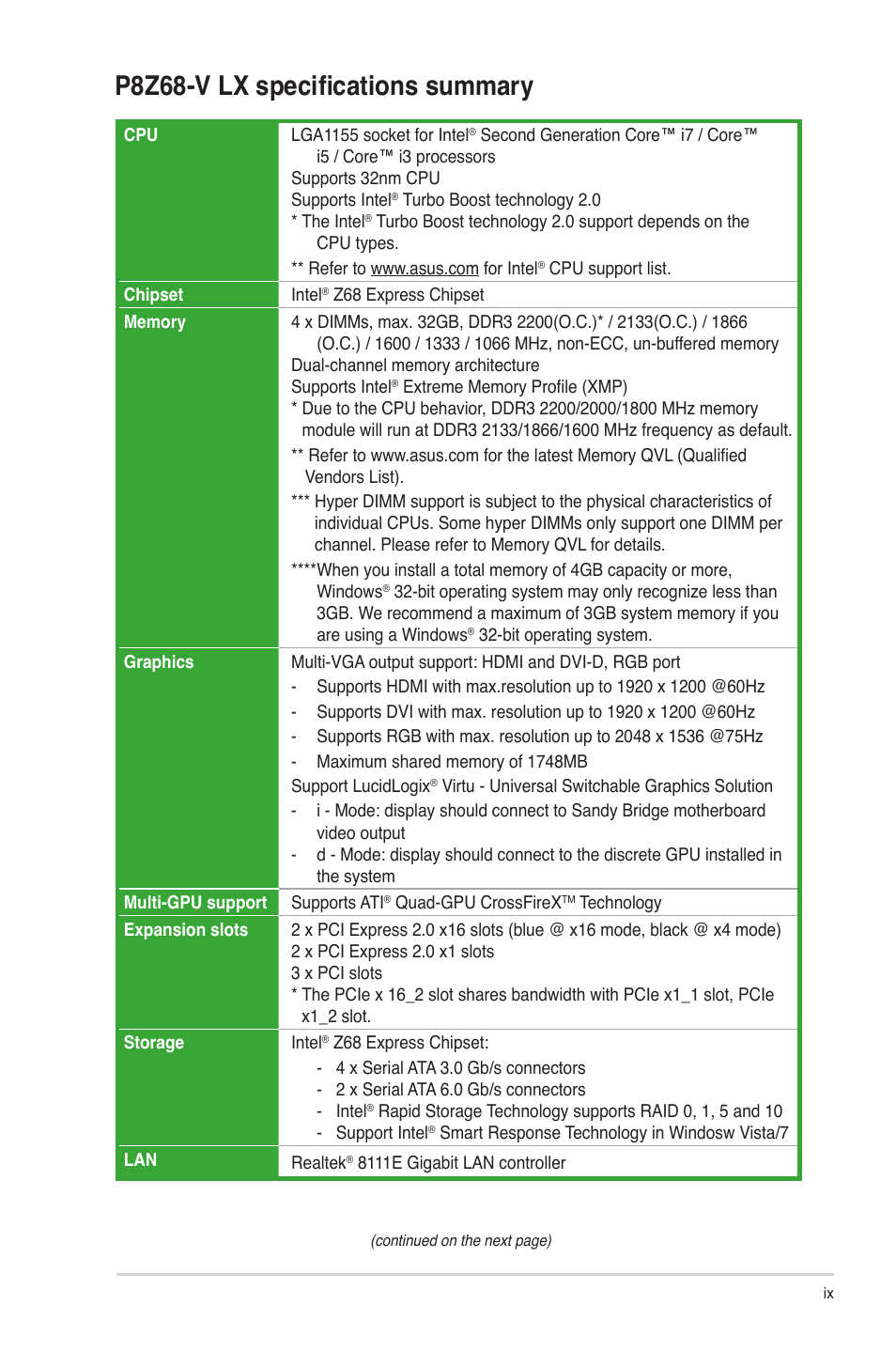 P8z68-v lx specifications summary | Asus P8Z68-V LX User Manual | Page 9 /  82