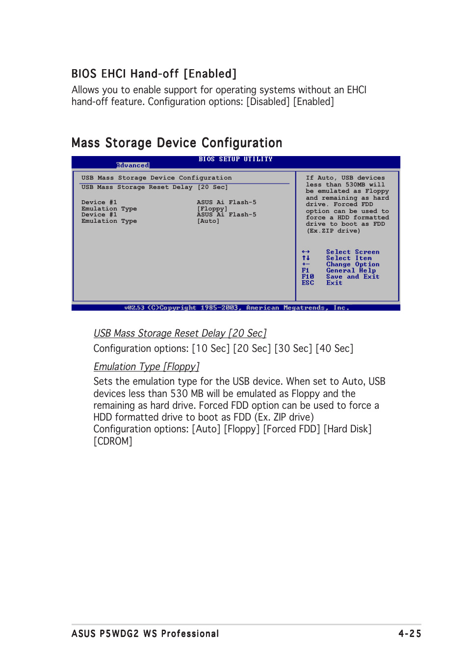 Mass storage device configuration, Bios ehci hand-off [enabled | Asus  P5WDG2 WS Professional User Manual | Page 101 / 172