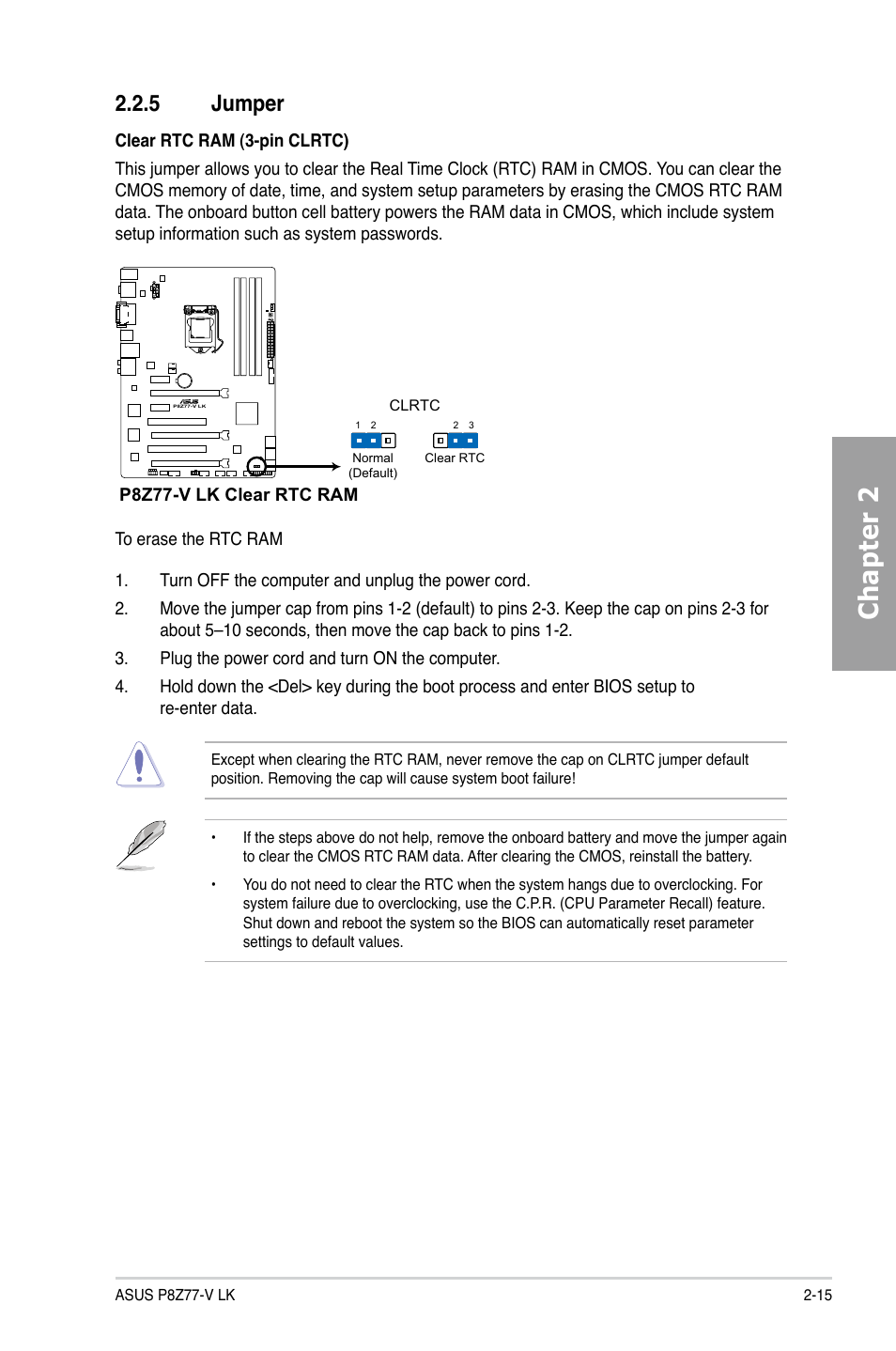 Chapter 2, 5 jumper | Asus P8Z77-V LK User Manual | Page 35 / 150