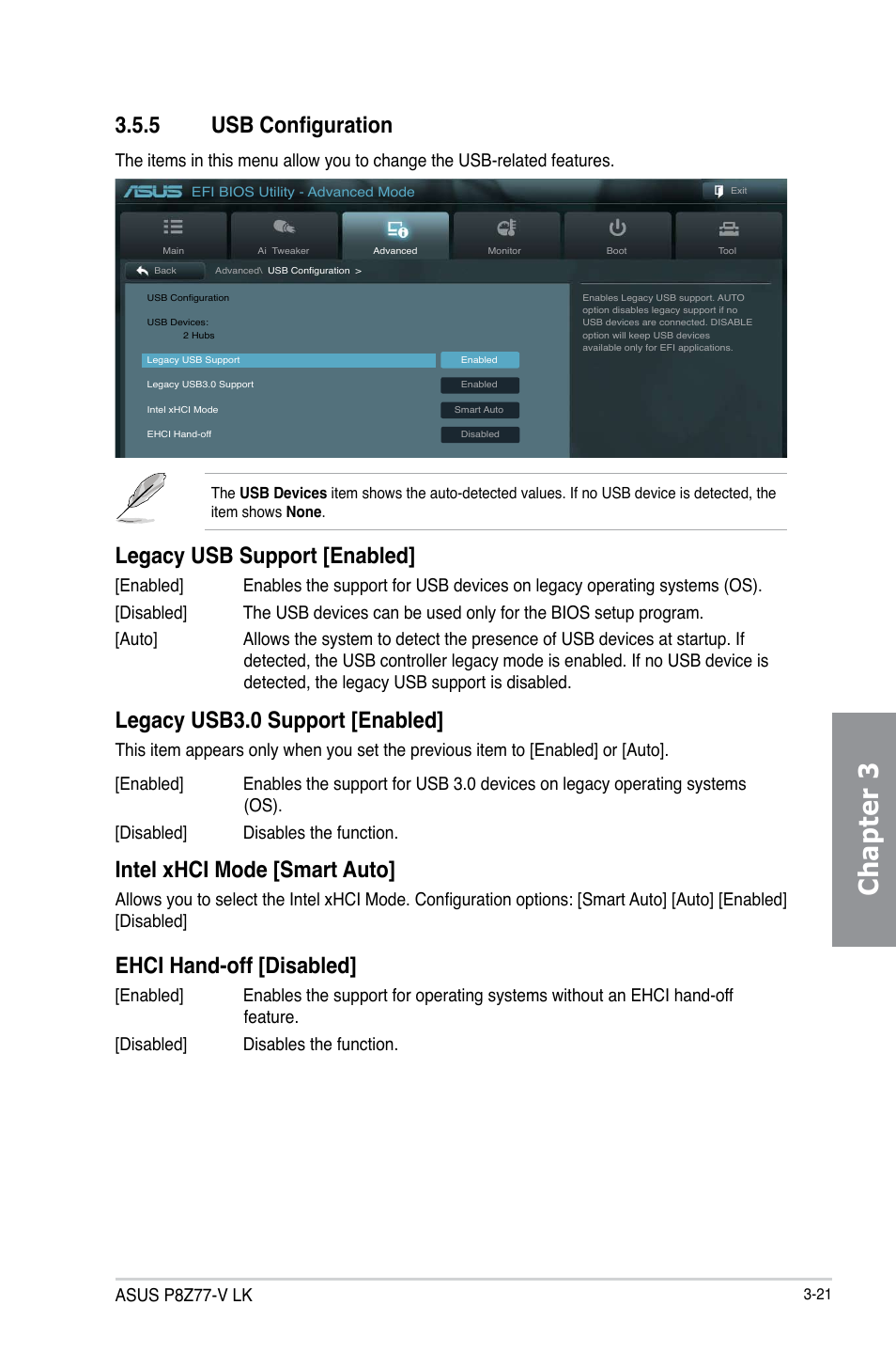 Chapter 3, 5 usb configuration, Legacy usb support [enabled | Asus P8Z77-V  LK User Manual | Page 83 / 150