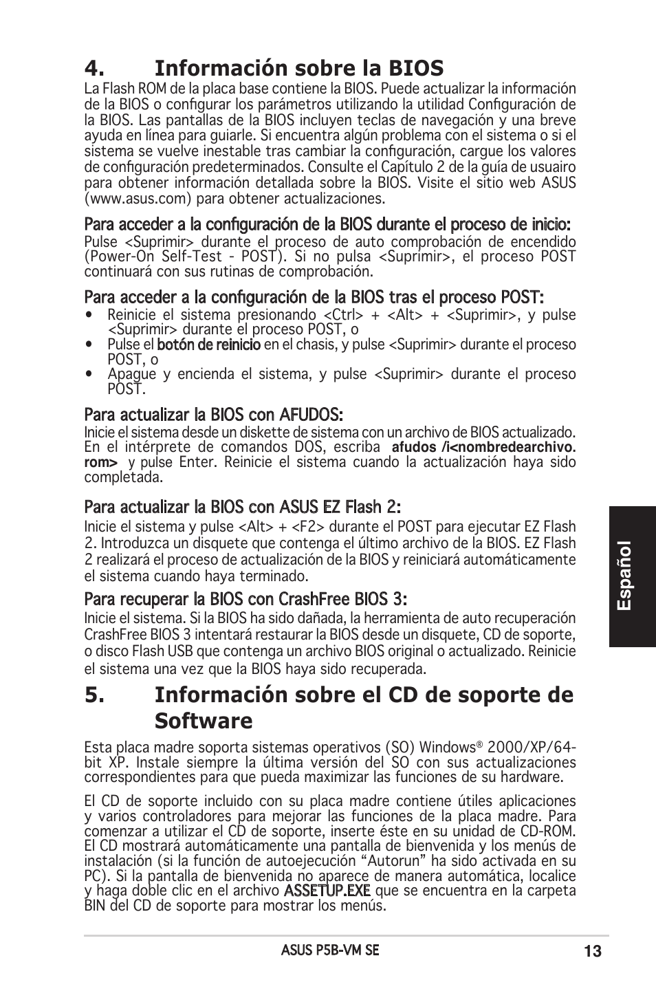 Información sobre la bios, Información sobre el cd de soporte de software,  Español | Asus P5B-VM SE User Manual | Page 13 / 38 | Original mode
