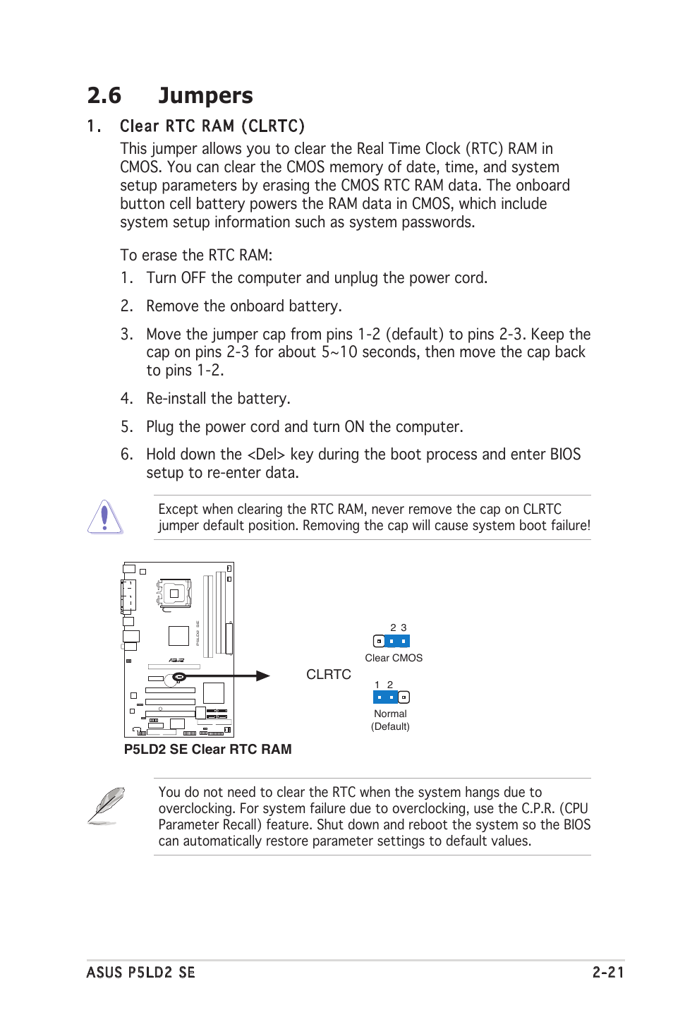 6 jumpers | Asus P5LD2 SE User Manual | Page 43 / 120