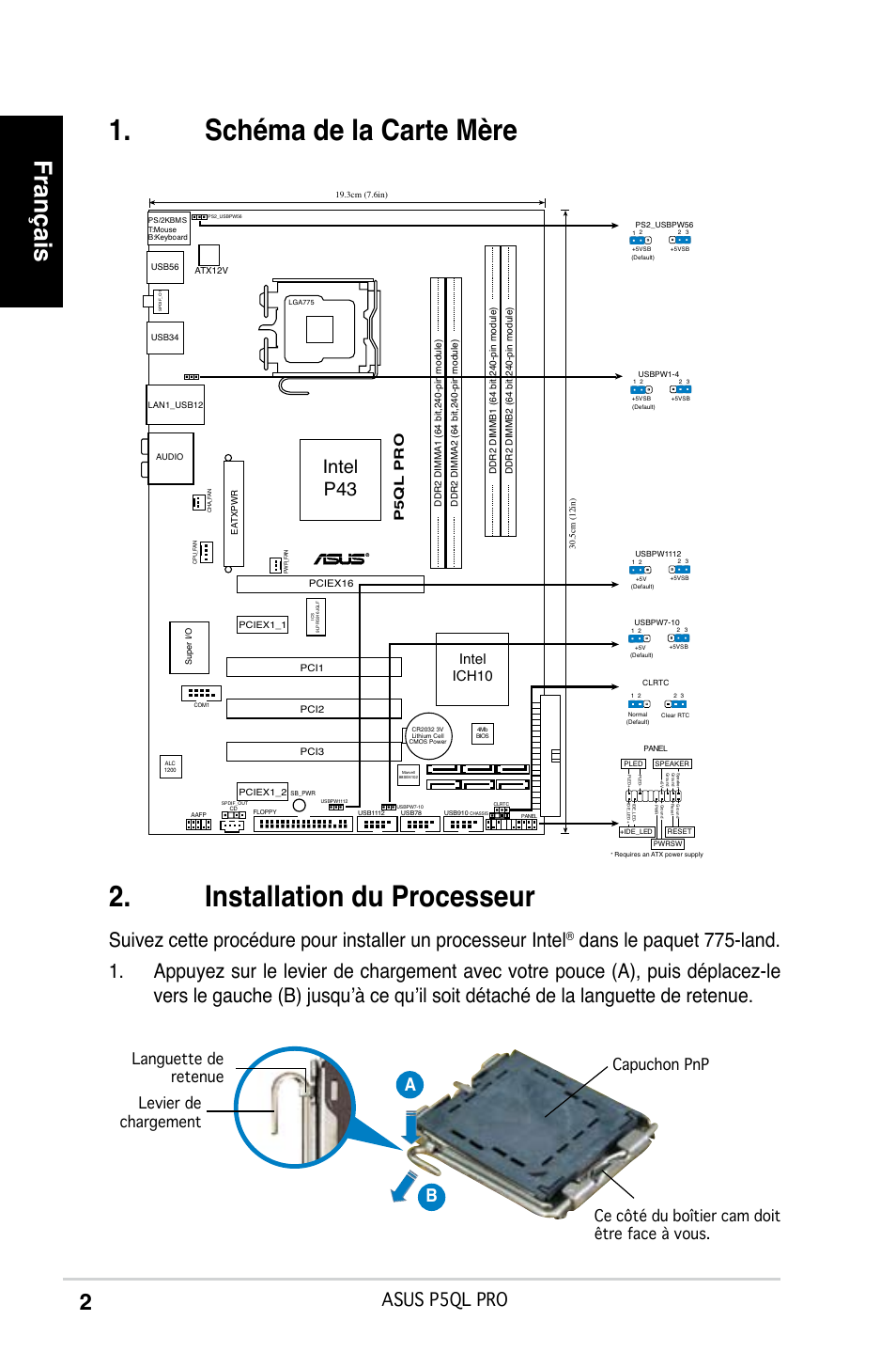 Schéma de la carte mère, Installation du processeur, Français | Asus P5QL  PRO User Manual | Page 2 / 38 | Original mode