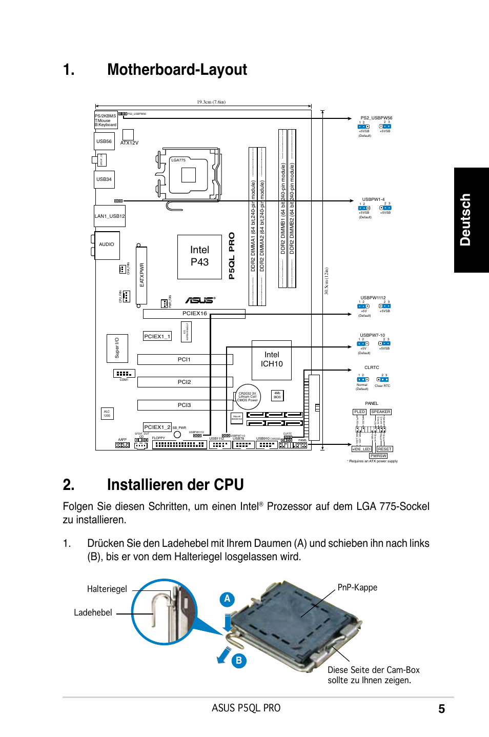 Motherboard-layout, Installieren der cpu, Deutsch | Asus P5QL PRO User  Manual | Page 5 / 38 | Original mode