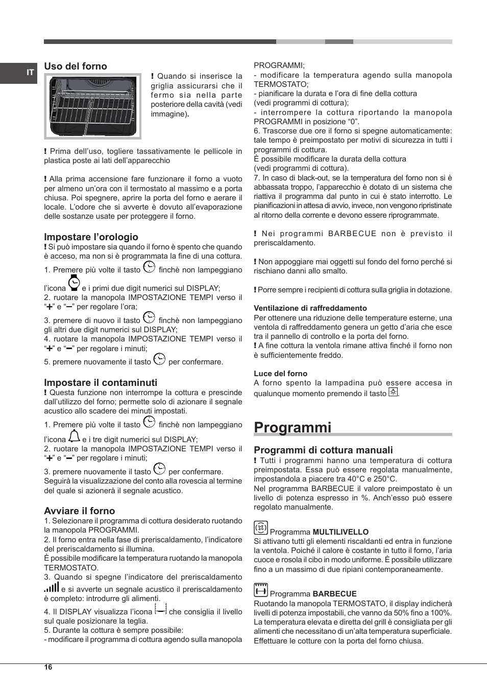 Programmi, Uso del forno, Impostare l'orologio | Hotpoint Ariston  CP97SEA-HA S User Manual | Page 16 / 68