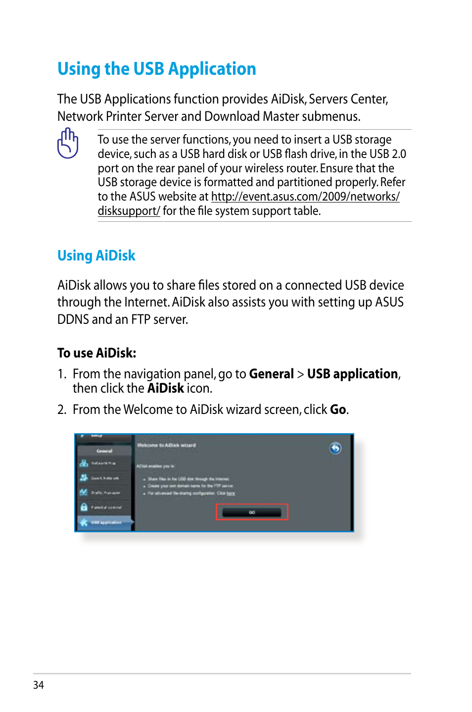 Using the usb application, Using aidisk | Asus RT-N14UHP User Manual | Page  34 / 107